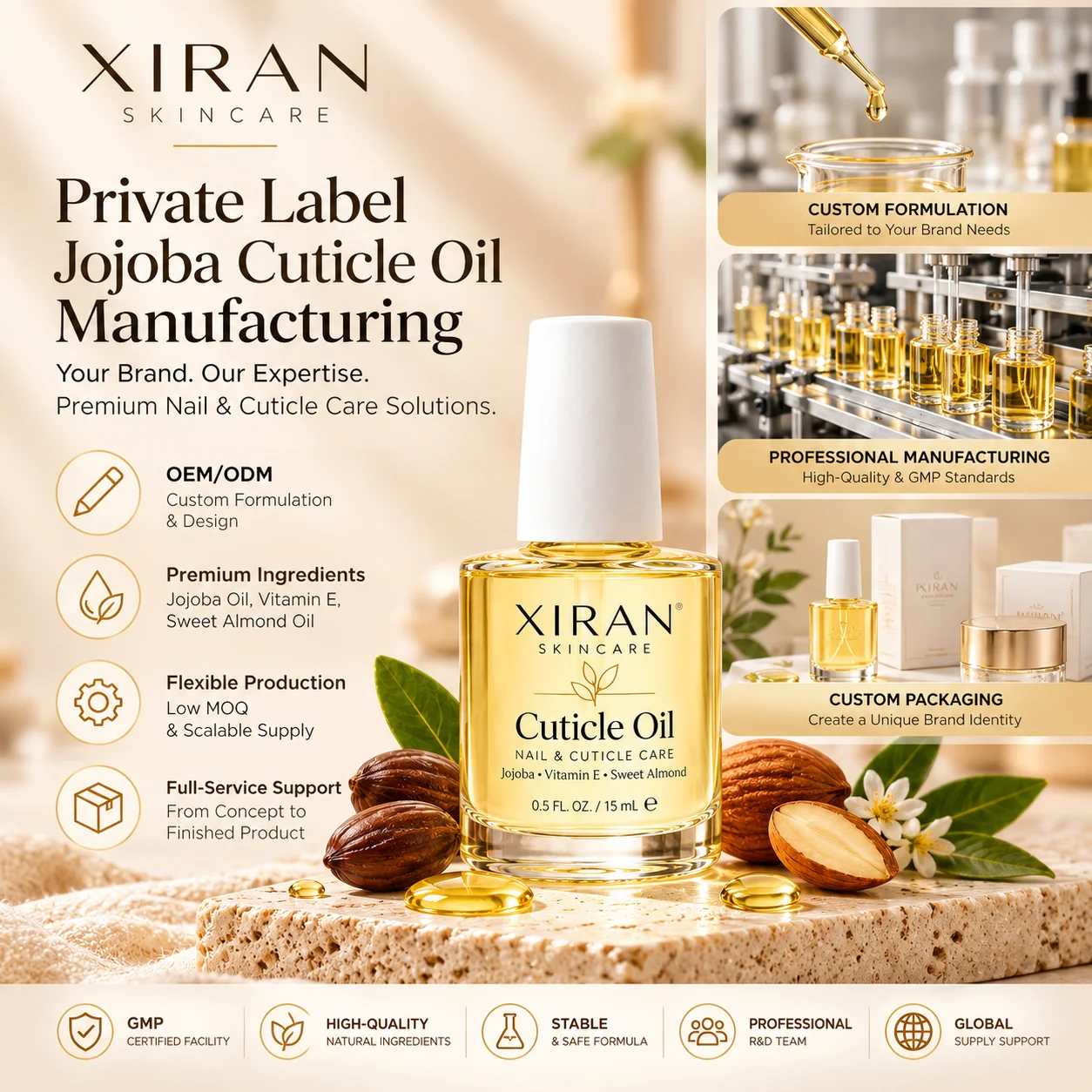 Xiran Skincare private label jojoba cuticle oil with premium ingredients like jojoba oil, vitamin E, and sweet almond oil, highlighting the full-service manufacturing capabilities with tailored formulation, GMP standards, and custom packaging options.